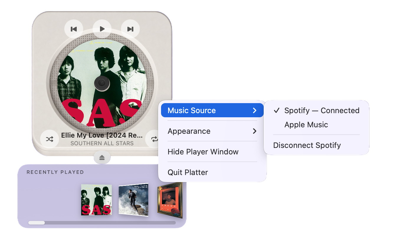 Music source menu showing Spotify and Apple Music